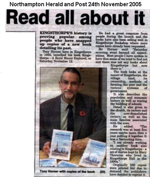 Tony Horner with his book Kingsthorpe: A royal manor explored, photographed by the Northampton Herald and Post 24th November 2005