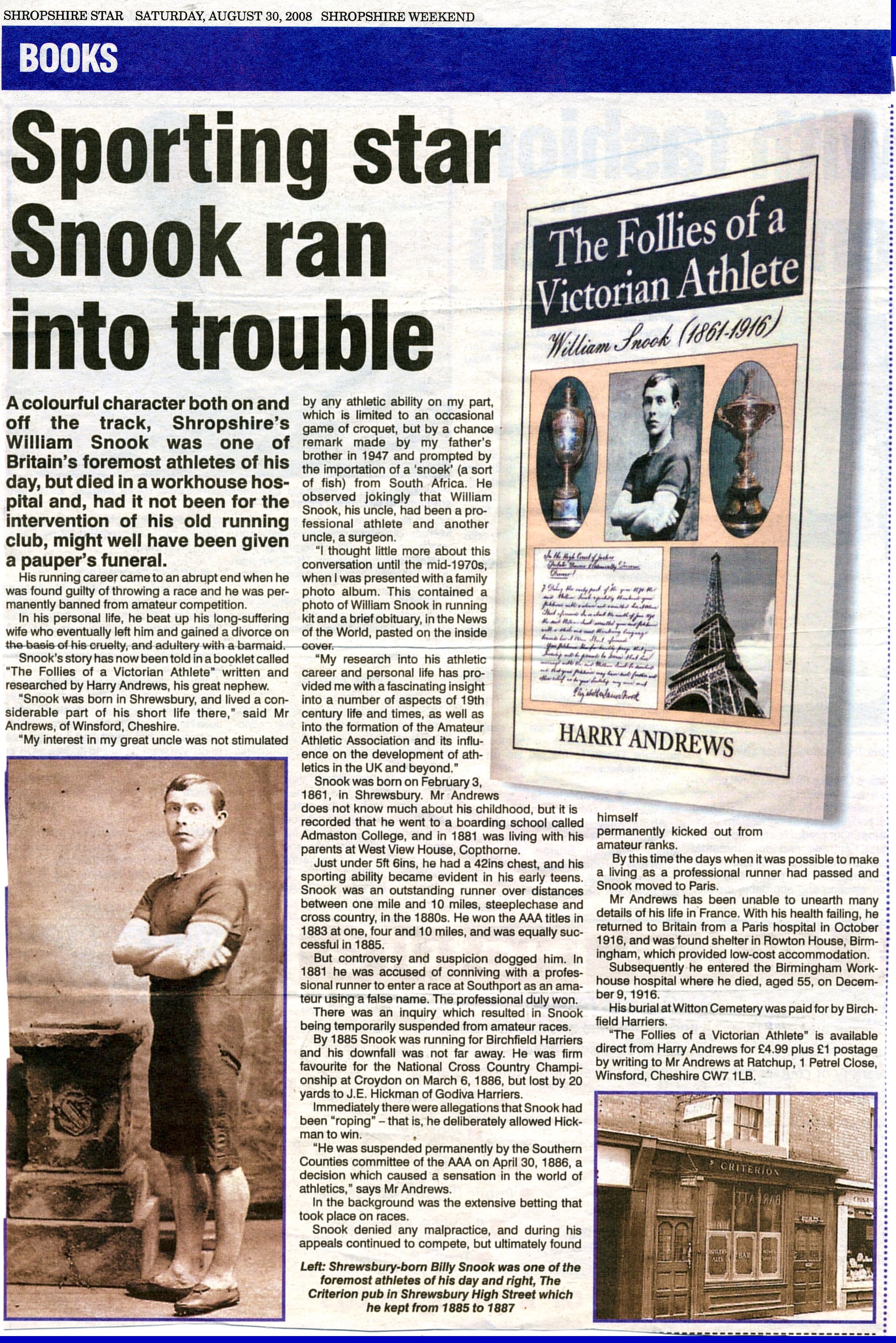 Review of The Follies of a Victorian athlete (William Snook 1861-1916) in the Shropshire Star, 30th August 2008