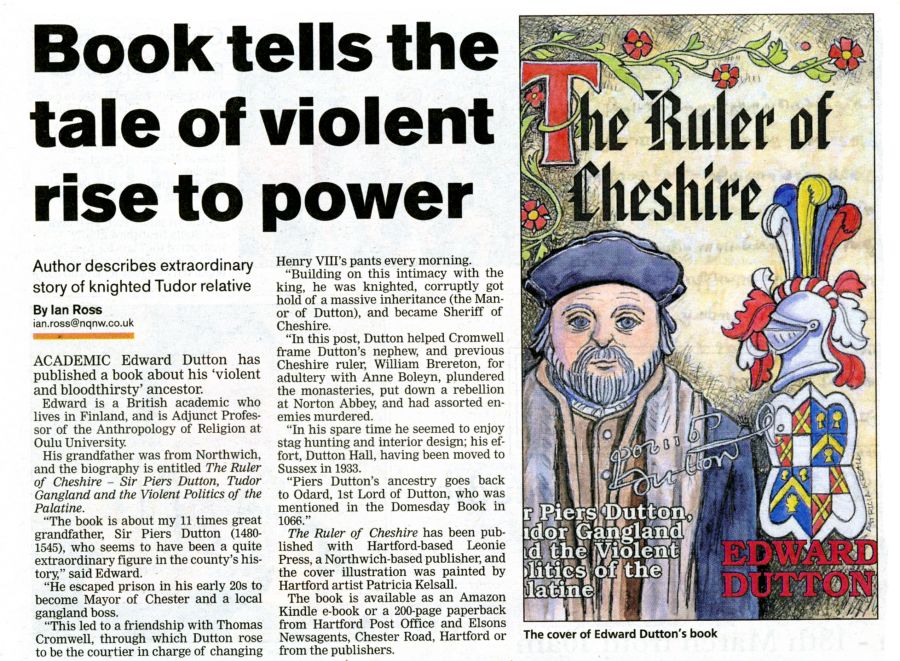 An article by Ian Rose about Sir Piers Dutton carried by the Northwich Guardian on Wednesday, 9th March 2016.
